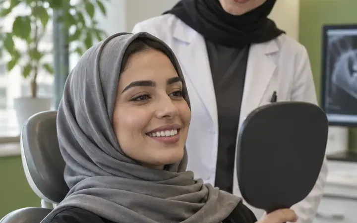 مراجعة تنظر إلى ابتسامتها في المرآة بعد جلسة تجميل الأسنان