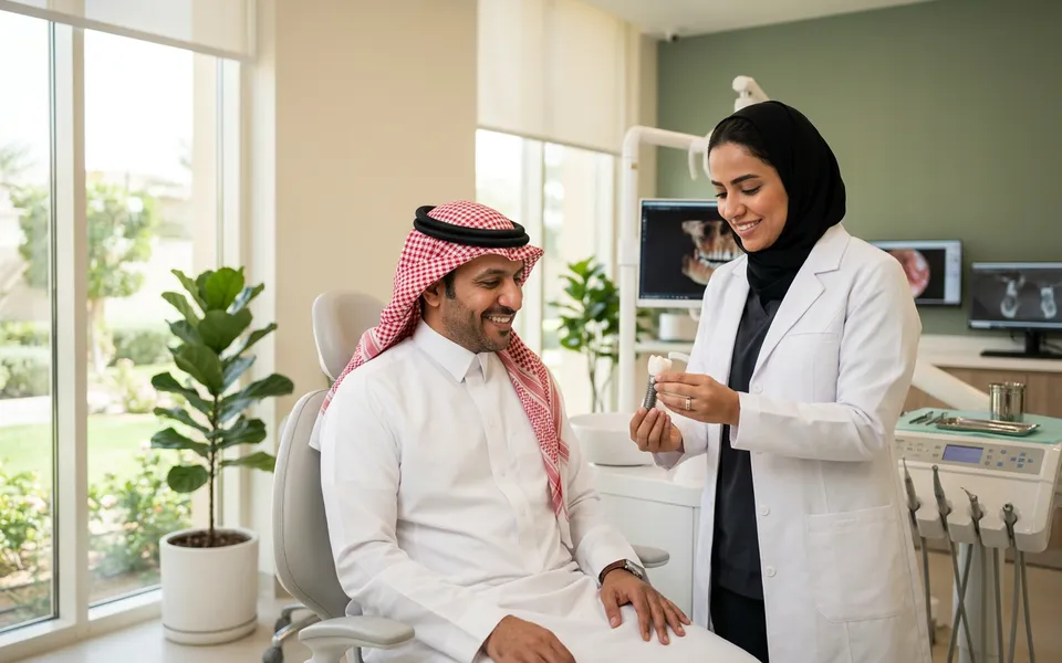 طبيبة تشرح نموذج زراعة الأسنان لمراجع