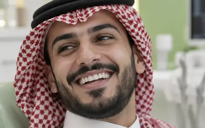 مراجع يبتسم أثناء استشارة تقويم الأسنان
