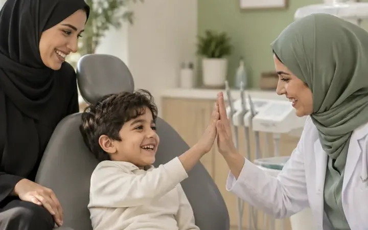 طفل يصافح طبيبة الأسنان بسعادة بحضور والدته