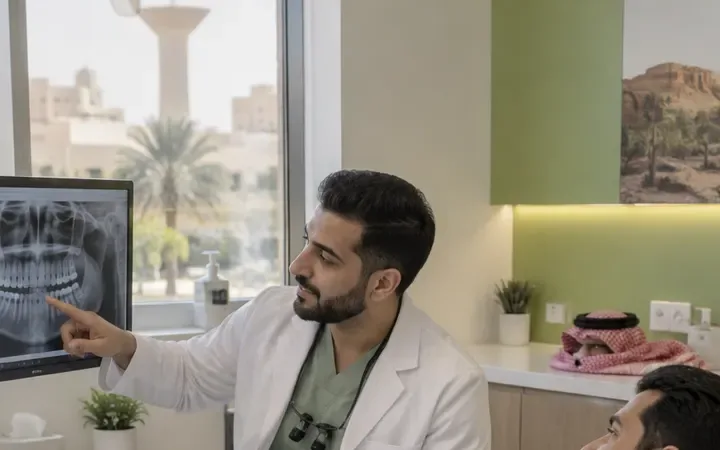 طبيب يشرح صورة الأشعة لمراجع قبل علاج عصب الأسنان
